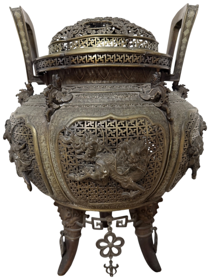 Just Added - Impressive LARGE Japanese Bronze/Brass Koro Censer Incense Burner With Applied Dragons - Signed Underneath 15W X 22.5H