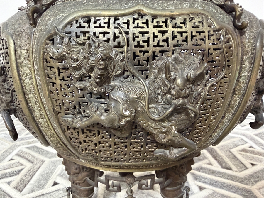Just Added - Impressive LARGE Japanese Bronze/Brass Koro Censer Incense Burner With Applied Dragons - Signed Underneath 15W X 22.5H [Photo 5]