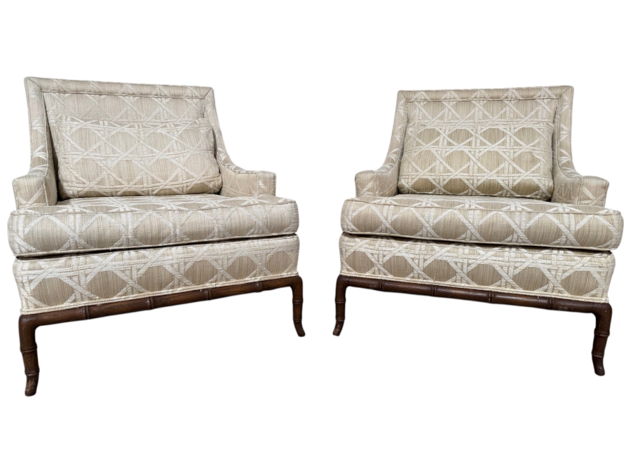 Just Added - Pair Of Vintage Lounge Chairs Featuring Faux-Bamboo Carved Wooden Bases 28W X 30D X 32H