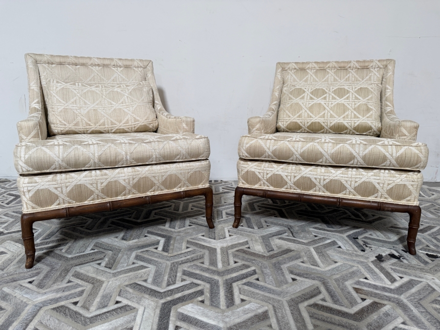 Just Added - Pair Of Vintage Lounge Chairs Featuring Faux-Bamboo Carved Wooden Bases 28W X 30D X 32H [Photo 2]