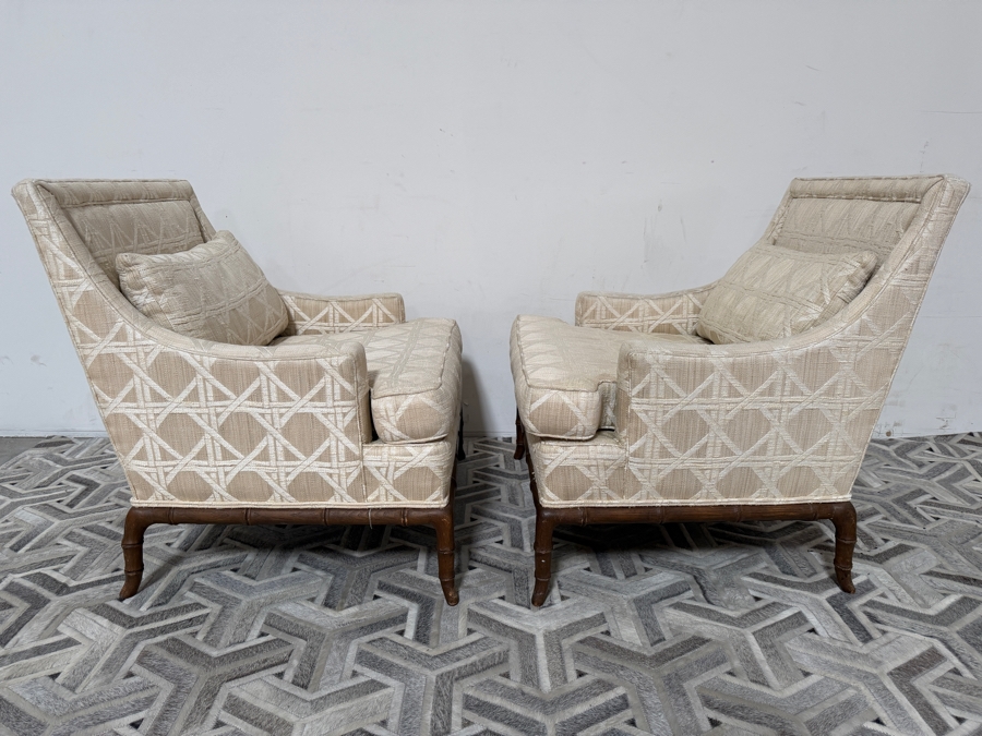 Just Added - Pair Of Vintage Lounge Chairs Featuring Faux-Bamboo Carved Wooden Bases 28W X 30D X 32H [Photo 4]