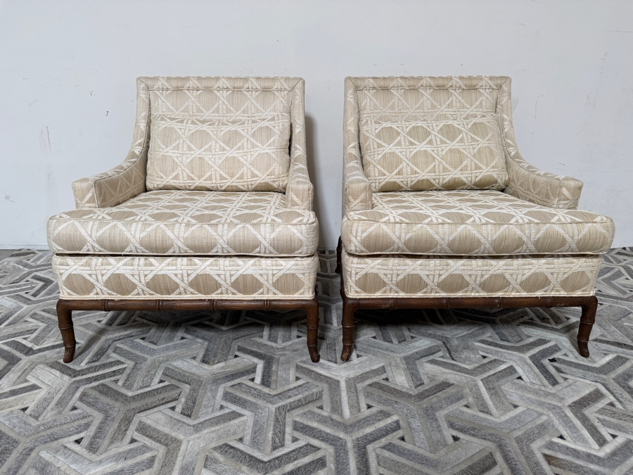 Just Added - Pair Of Vintage Lounge Chairs Featuring Faux-Bamboo Carved Wooden Bases 28W X 30D X 32H [Photo 3]