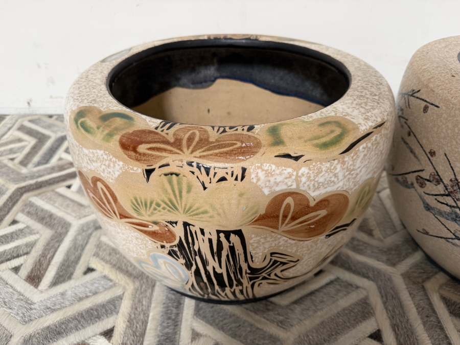 Just Added - Pair Of Vintage Japanese Hand-painted Ceramic Jardiniere Planters 18'W X 12.5'H [Photo 5]