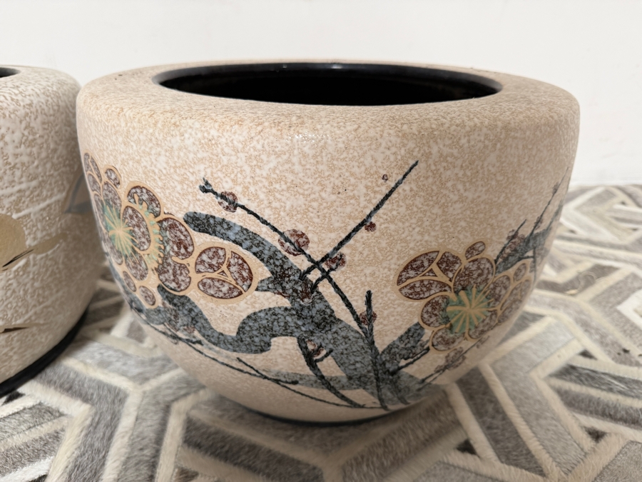 Just Added - Pair Of Vintage Japanese Hand-painted Ceramic Jardiniere Planters 18'W X 12.5'H [Photo 3]