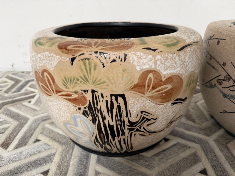 Just Added - Pair Of Vintage Japanese Hand-painted Ceramic Jardiniere Planters 18'W X 12.5'H [Photo 4]