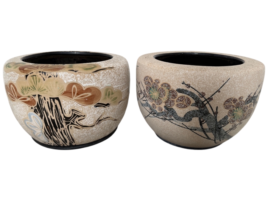 Just Added - Pair Of Vintage Japanese Hand-painted Ceramic Jardiniere Planters 18'W X 12.5'H