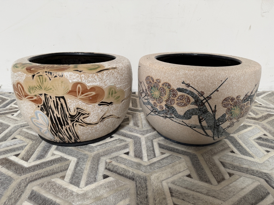 Just Added - Pair Of Vintage Japanese Hand-painted Ceramic Jardiniere Planters 18'W X 12.5'H [Photo 2]