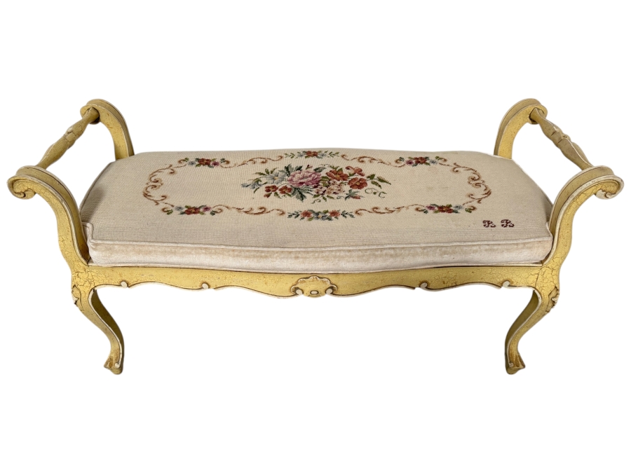Just Added - Vintage French Louis XV Style Bench with Upholstered Needlepoint Seat 42W X 15D X 22H