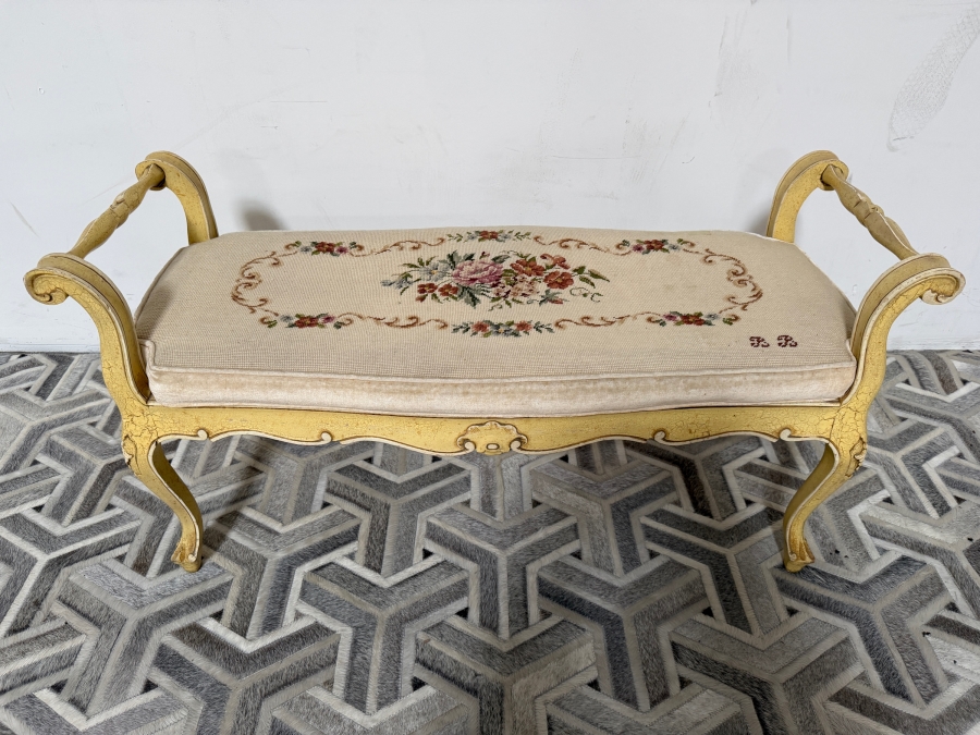 Just Added - Vintage French Louis XV Style Bench with Upholstered Needlepoint Seat 42W X 15D X 22H [Photo 2]
