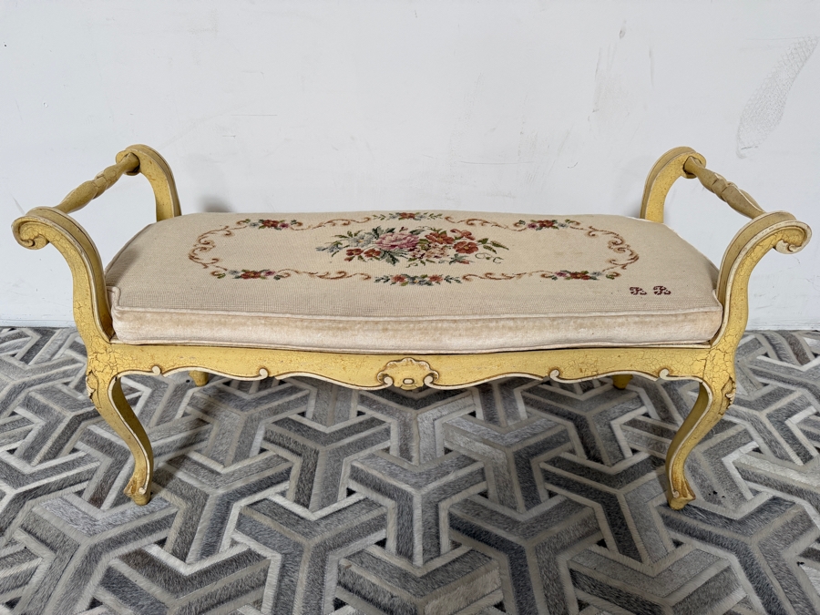 Just Added - Vintage French Louis XV Style Bench with Upholstered Needlepoint Seat 42W X 15D X 22H [Photo 3]