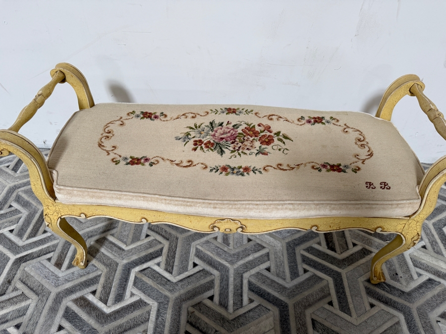 Just Added - Vintage French Louis XV Style Bench with Upholstered Needlepoint Seat 42W X 15D X 22H [Photo 4]