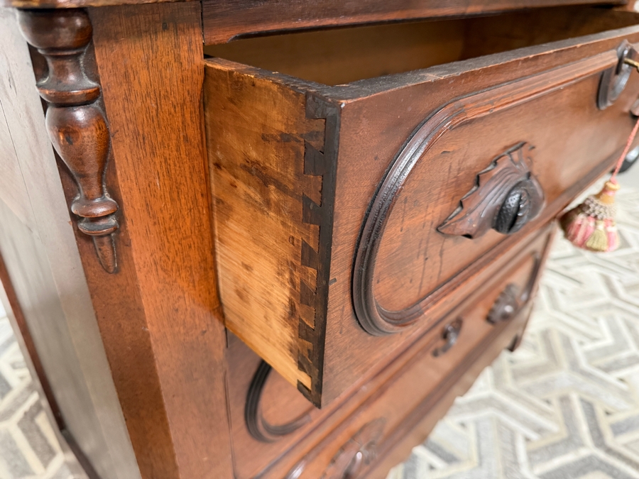 Just Added - Vintage American Victorian Carved Walnut Dresser 5-Drawer Chest of Drawers with Adjustable Mirror Featuring Hand-carved Fruit and Nut Pulls 37.5W X 18D X 64H [Photo 8]
