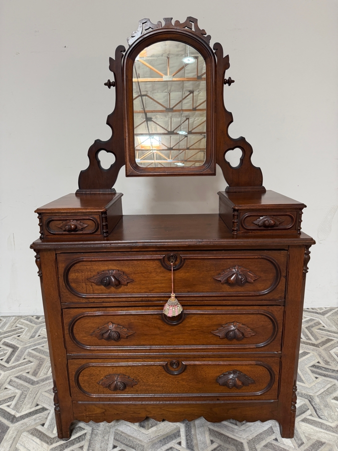 Just Added - Vintage American Victorian Carved Walnut Dresser 5-Drawer Chest of Drawers with Adjustable Mirror Featuring Hand-carved Fruit and Nut Pulls 37.5W X 18D X 64H [Photo 3]