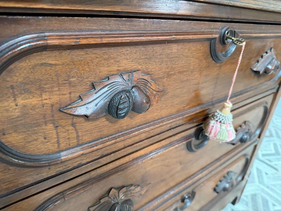 Just Added - Vintage American Victorian Carved Walnut Dresser 5-Drawer Chest of Drawers with Adjustable Mirror Featuring Hand-carved Fruit and Nut Pulls 37.5W X 18D X 64H [Photo 7]