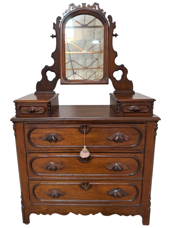 Just Added - Vintage American Victorian Carved Walnut Dresser 5-Drawer Chest of Drawers with Adjustable Mirror Featuring Hand-carved Fruit and Nut Pulls 37.5W X 18D X 64H