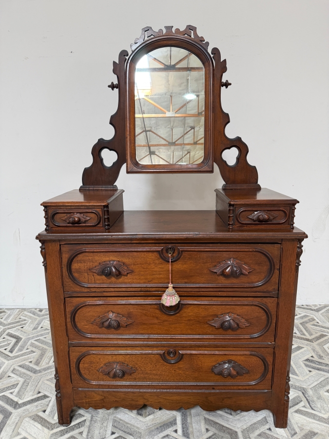 Just Added - Vintage American Victorian Carved Walnut Dresser 5-Drawer Chest of Drawers with Adjustable Mirror Featuring Hand-carved Fruit and Nut Pulls 37.5W X 18D X 64H [Photo 2]
