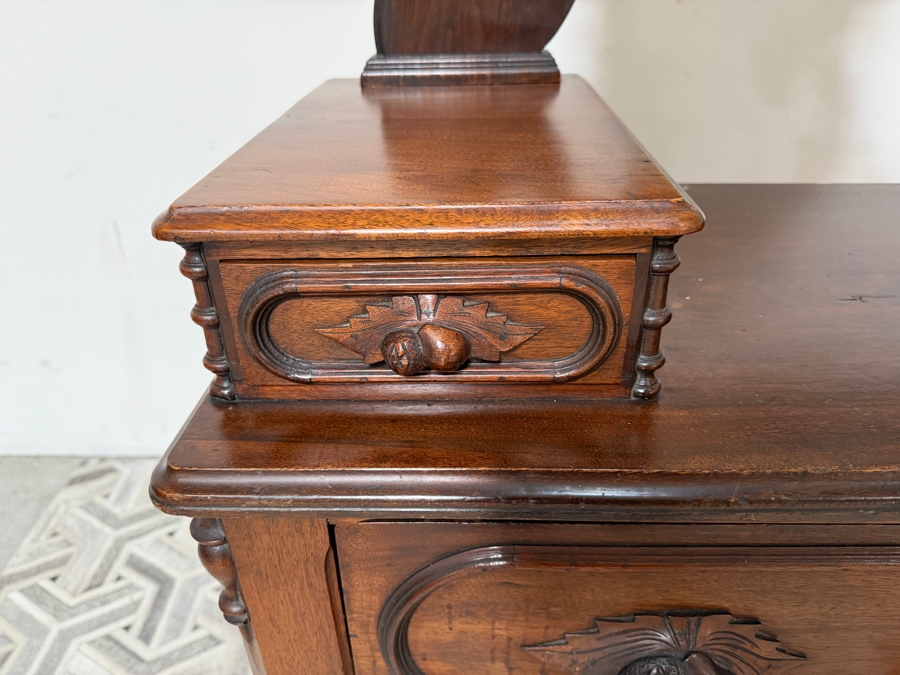 Just Added - Vintage American Victorian Carved Walnut Dresser 5-Drawer Chest of Drawers with Adjustable Mirror Featuring Hand-carved Fruit and Nut Pulls 37.5W X 18D X 64H [Photo 6]