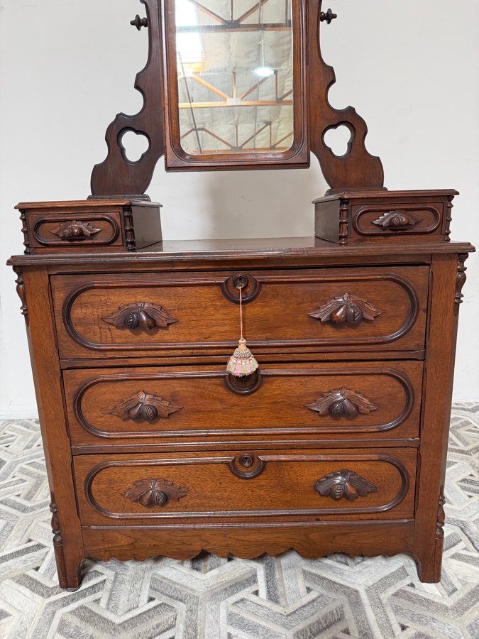 Just Added - Vintage American Victorian Carved Walnut Dresser 5-Drawer Chest of Drawers with Adjustable Mirror Featuring Hand-carved Fruit and Nut Pulls 37.5W X 18D X 64H [Photo 4]