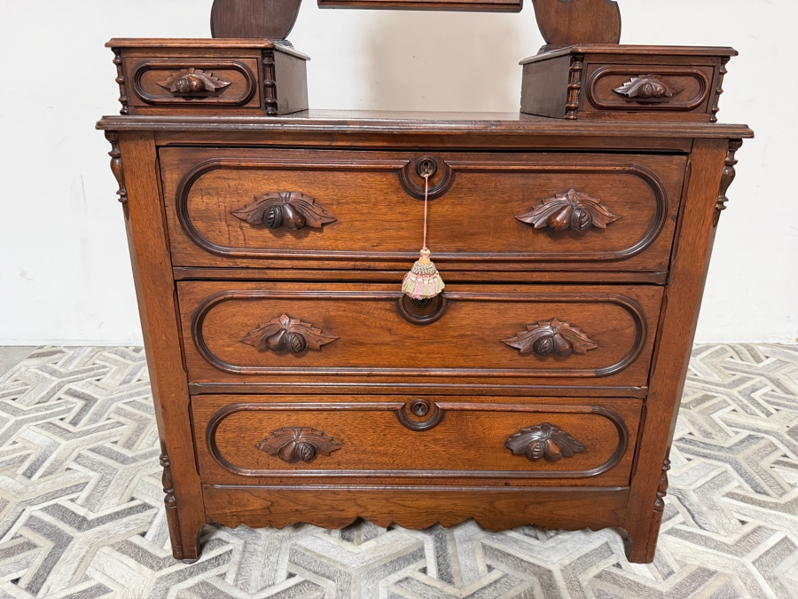 Just Added - Vintage American Victorian Carved Walnut Dresser 5-Drawer Chest of Drawers with Adjustable Mirror Featuring Hand-carved Fruit and Nut Pulls 37.5W X 18D X 64H [Photo 5]