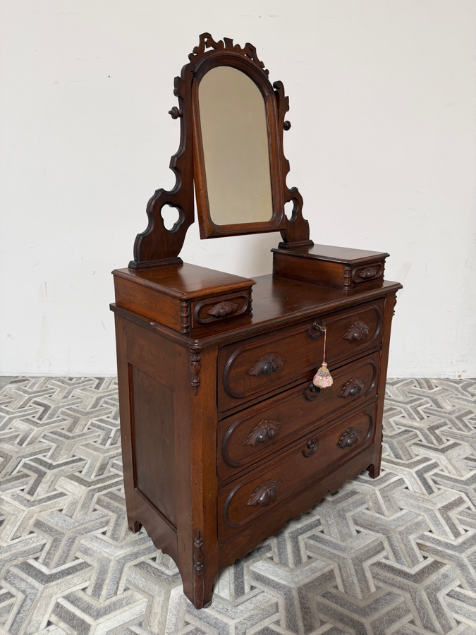 Just Added - Vintage American Victorian Carved Walnut Dresser 5-Drawer Chest of Drawers with Adjustable Mirror Featuring Hand-carved Fruit and Nut Pulls 37.5W X 18D X 64H [Photo 9]