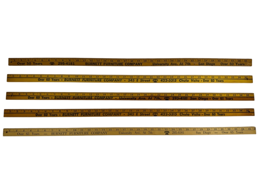 Just Added - (5) Vintage Burnett Furniture Company Advertising Wooden Yardsticks