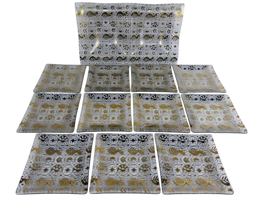 Just Added - Mid-Century Modern Georges Briard (11) 'Forbidden Fruit' Gold-gilt Glass Plates 6' X 6' and Georges Briard (11) 'Forbidden Fruit' Glass Tray 14 X 8.5