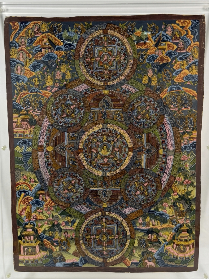 Just Added - Vintage Original Nepal Thangka Buddhist Symbolism Painting 16 X 21.5 in an Acrylic Frame 22 X 28