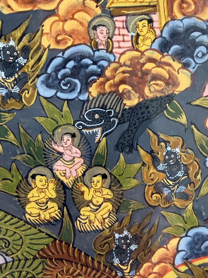Just Added - Vintage Original Nepal Thangka Buddhist Symbolism Painting 16 X 21.5 in an Acrylic Frame 22 X 28 [Photo 8]