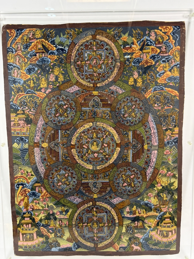 Just Added - Vintage Original Nepal Thangka Buddhist Symbolism Painting 16 X 21.5 in an Acrylic Frame 22 X 28 [Photo 3]