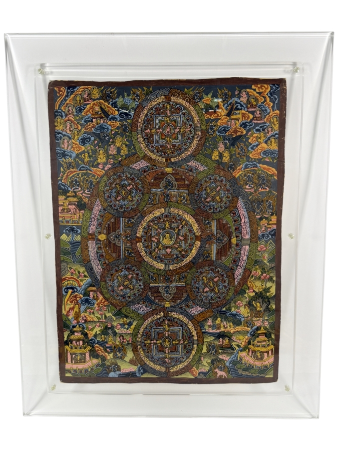 Just Added - Vintage Original Nepal Thangka Buddhist Symbolism Painting 16 X 21.5 in an Acrylic Frame 22 X 28 [Photo 2]
