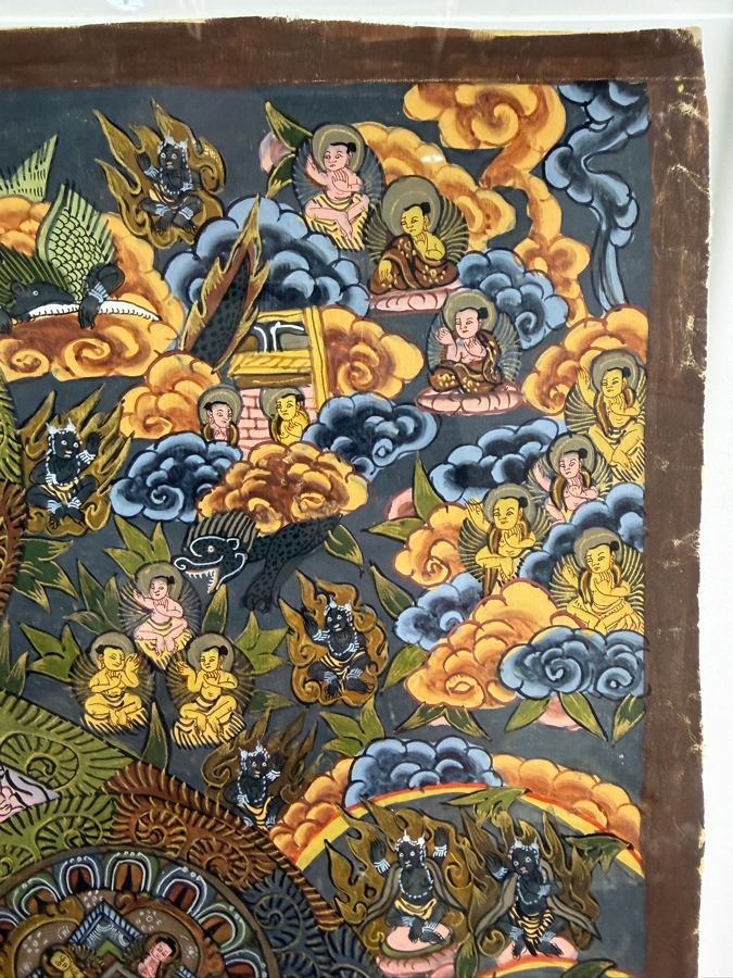 Just Added - Vintage Original Nepal Thangka Buddhist Symbolism Painting 16 X 21.5 in an Acrylic Frame 22 X 28 [Photo 7]