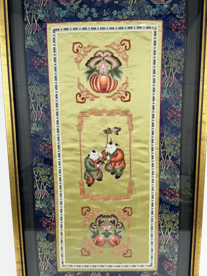 Just Added - Vintage 20th Century Chinese Silk Embroidery Panel Framed 16.5 X 29.5 [Photo 2]