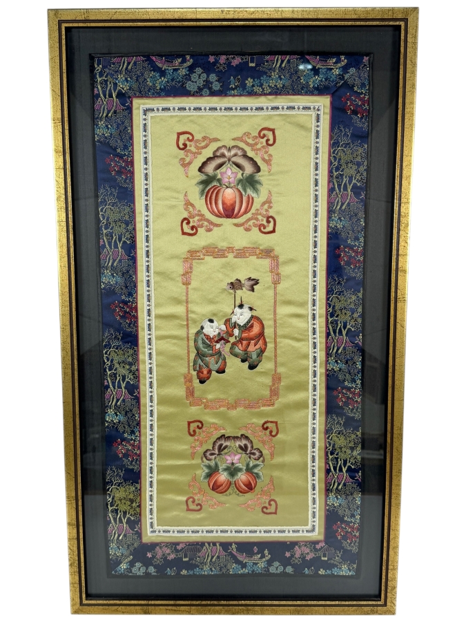 Just Added - Vintage 20th Century Chinese Silk Embroidery Panel Framed 16.5 X 29.5