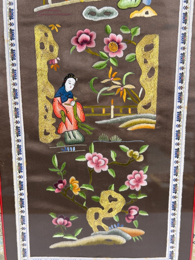 Just Added - Vintage 20th Century Chinese Silk Embroidery Panel Framed 15 X 29.5 [Photo 3]