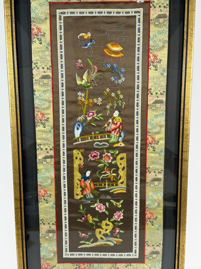Just Added - Vintage 20th Century Chinese Silk Embroidery Panel Framed 15 X 29.5 [Photo 2]