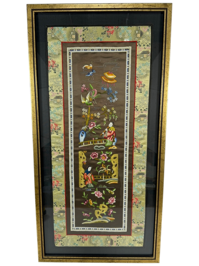 Just Added - Vintage 20th Century Chinese Silk Embroidery Panel Framed 15 X 29.5