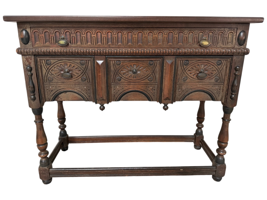 Just Added - Stunning Vintage Jacobean Style Kittinger Furniture Carved Oak Sideboard 44W X 18D X 35.5H