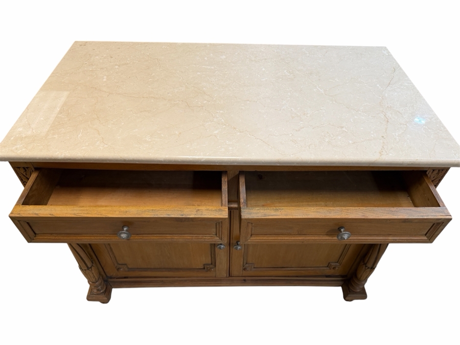 Just Added - Antique Oak French-style Light Oak Sideboard Cabinet with Marble Top 43W X 24D X 31.5H [Photo 5]