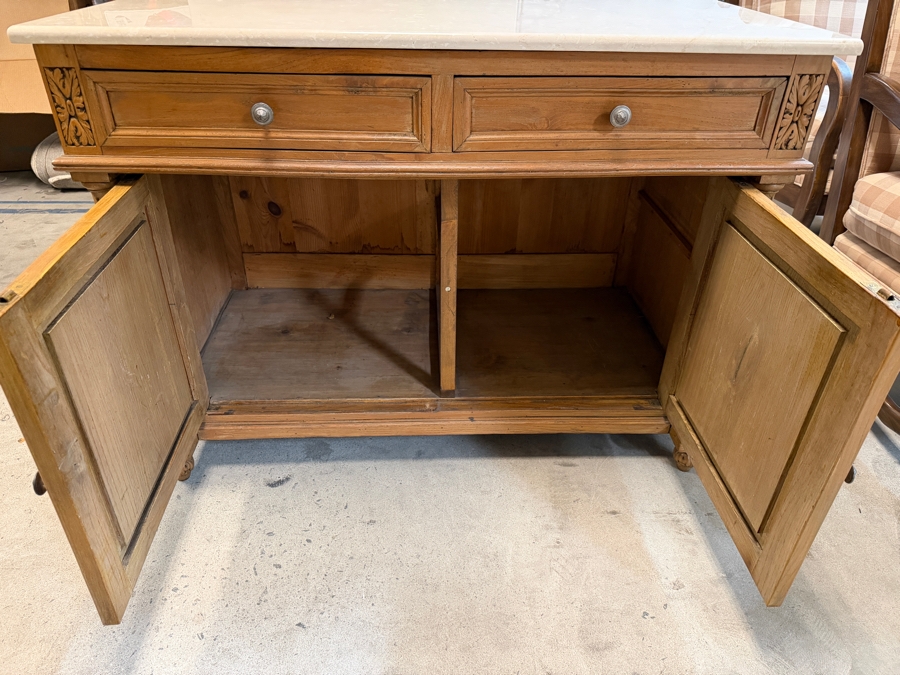 Just Added - Antique Oak French-style Light Oak Sideboard Cabinet with Marble Top 43W X 24D X 31.5H [Photo 9]