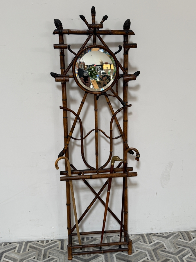 Just Added - Antique 19th Century Victorian Bamboo Hall Stand Tree With (3) Vintage Canes 25W X 79H