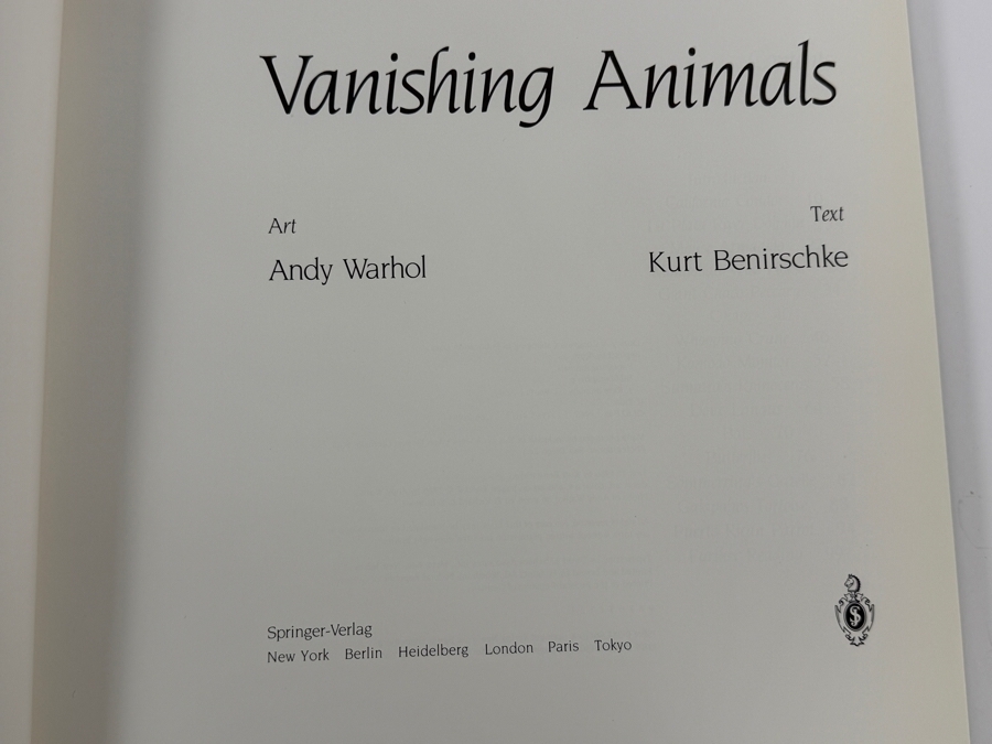 Just Added - SIGNED 1986 First Edition Hardcover Book Vanishing Animals with Artwork by Andy Warhol (1928-1987) and Text by Kurt Benirschke (1924-2018) Signed by Kurt Benirschke [Photo 4]