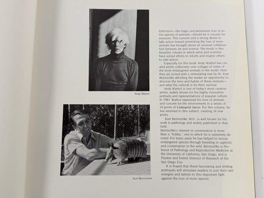 Just Added - SIGNED 1986 First Edition Hardcover Book Vanishing Animals with Artwork by Andy Warhol (1928-1987) and Text by Kurt Benirschke (1924-2018) Signed by Kurt Benirschke [Photo 5]