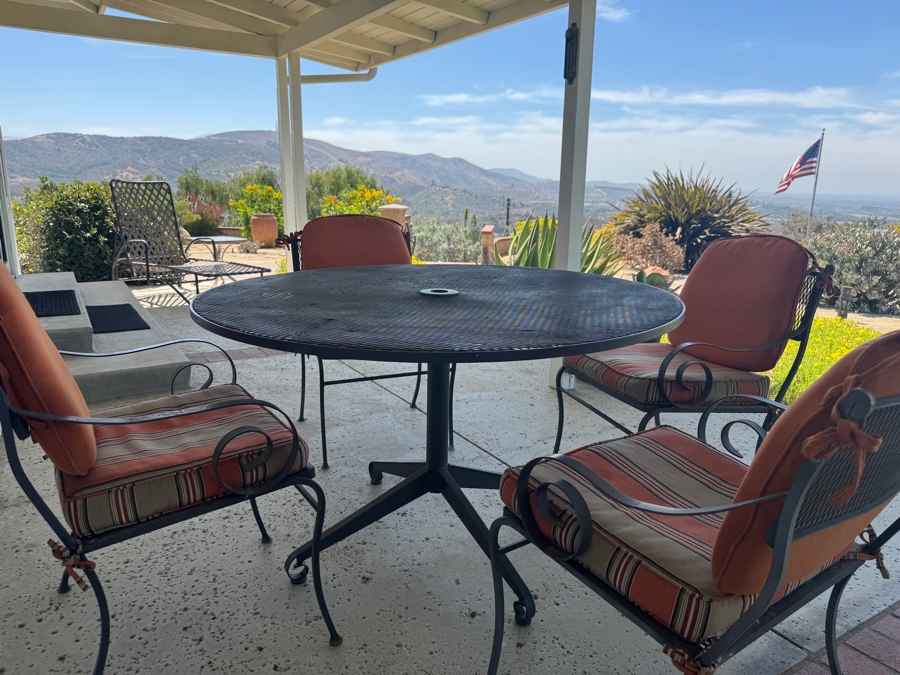 Just Added - Five Piece Wrought Iron Patio Set With Orange Cushions