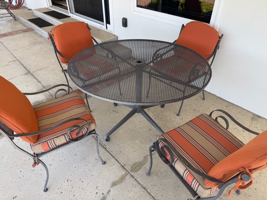 Just Added - Five Piece Wrought Iron Patio Set With Orange Cushions [Photo 4]