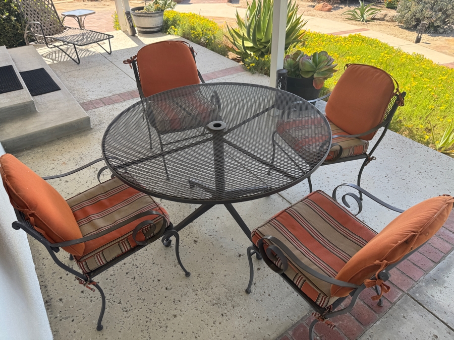 Just Added - Five Piece Wrought Iron Patio Set With Orange Cushions [Photo 3]