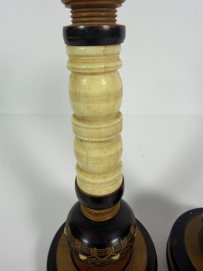 Just Added - Vintage Indonesian Turned Wood and Bone Candlesticks 9'H [Photo 3]