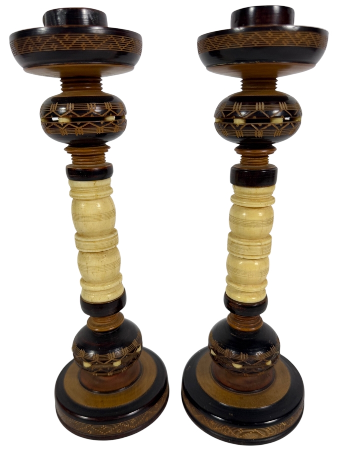 Just Added - Vintage Indonesian Turned Wood and Bone Candlesticks 9'H