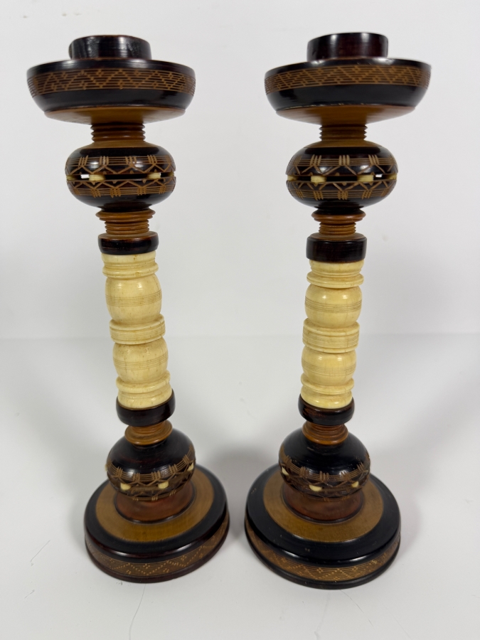 Just Added - Vintage Indonesian Turned Wood and Bone Candlesticks 9'H [Photo 2]