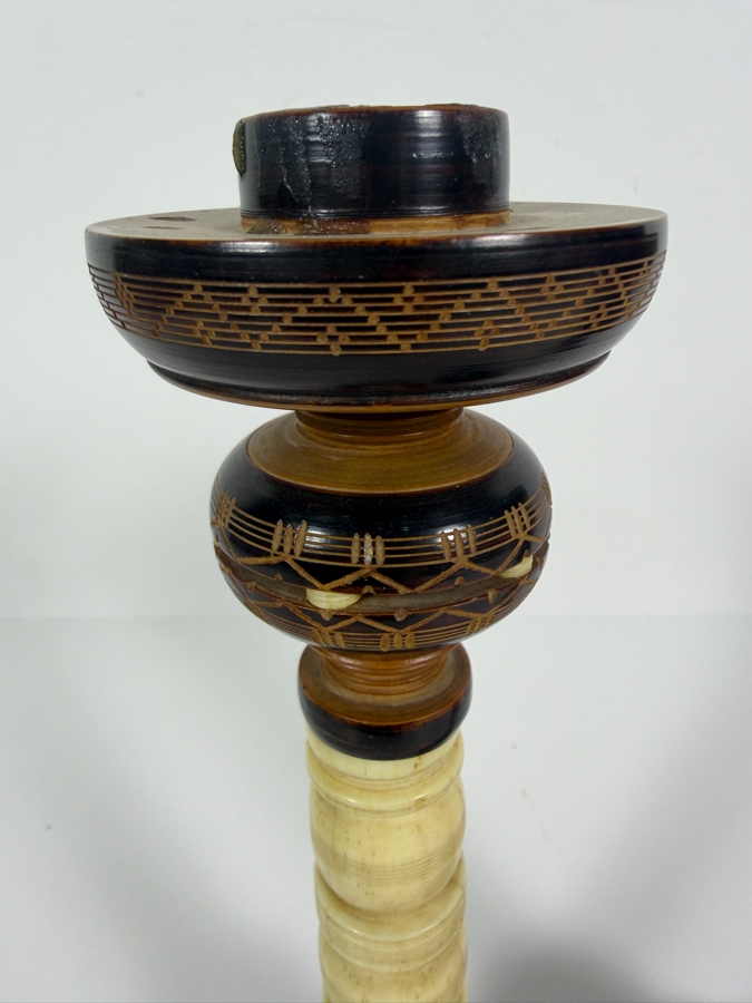 Just Added - Vintage Indonesian Turned Wood and Bone Candlesticks 9'H [Photo 4]