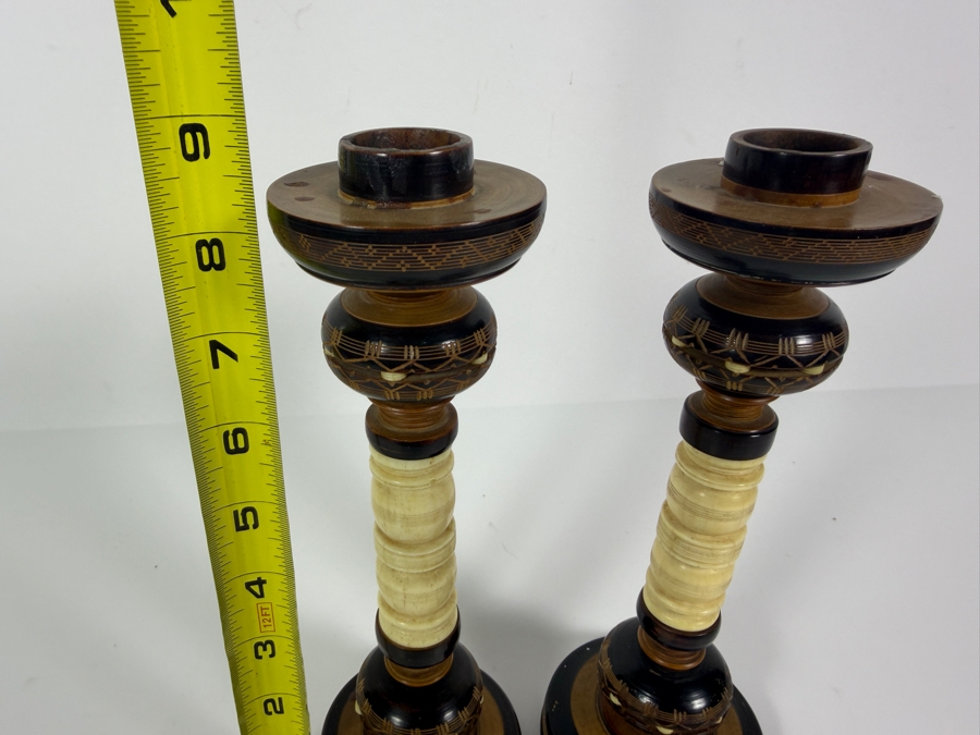 Just Added - Vintage Indonesian Turned Wood and Bone Candlesticks 9'H [Photo 6]